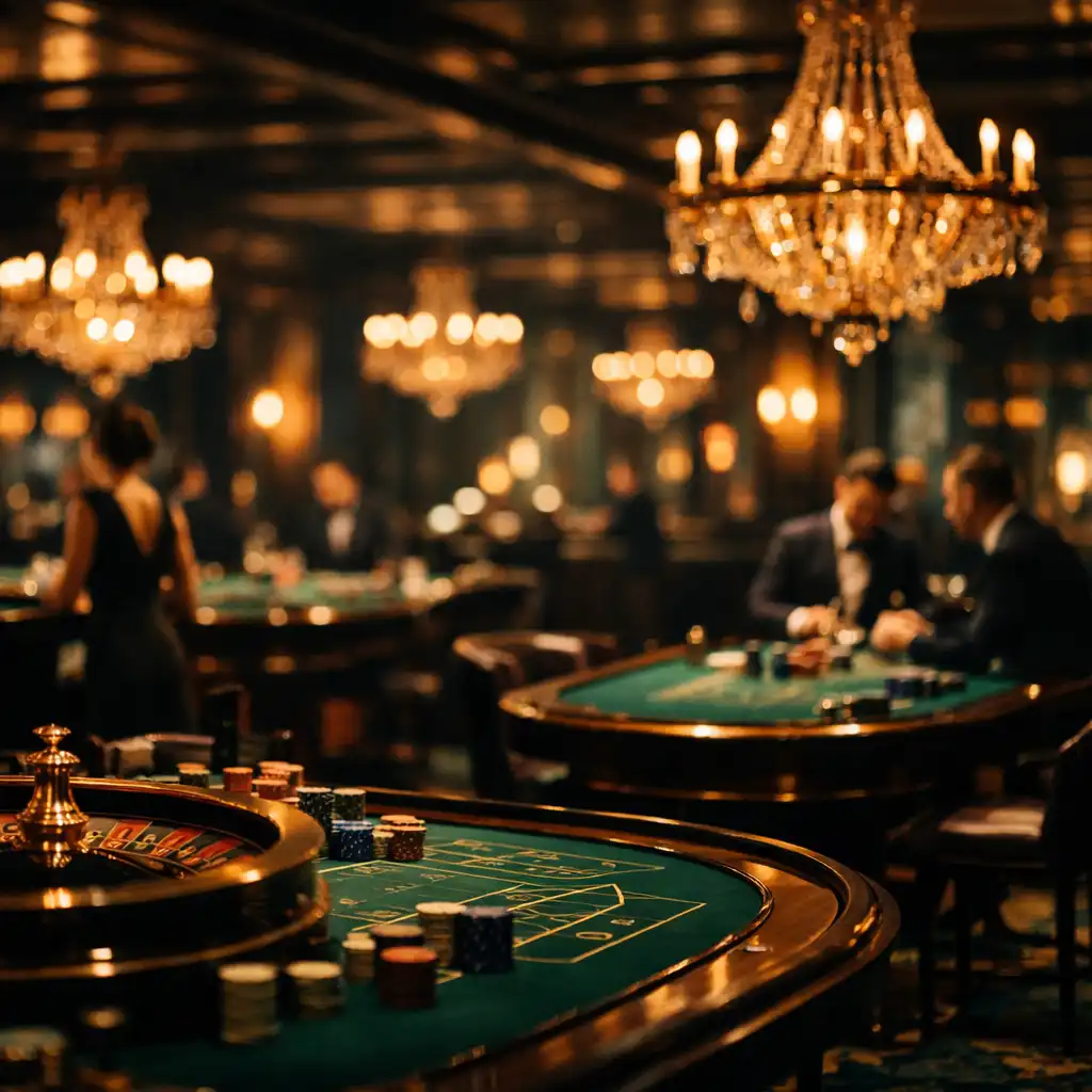 Cinematic view of the Ember Royale casino floor at night with warm gold lighting and emerald accents