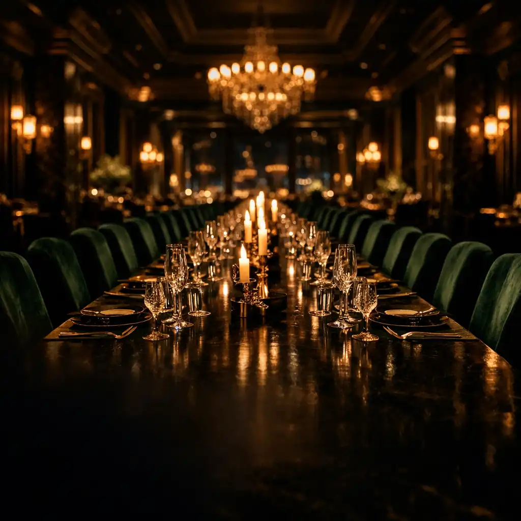 Elegant dining room at Ember Royale with crystal glassware, gold cutlery, and emerald velvet chairs