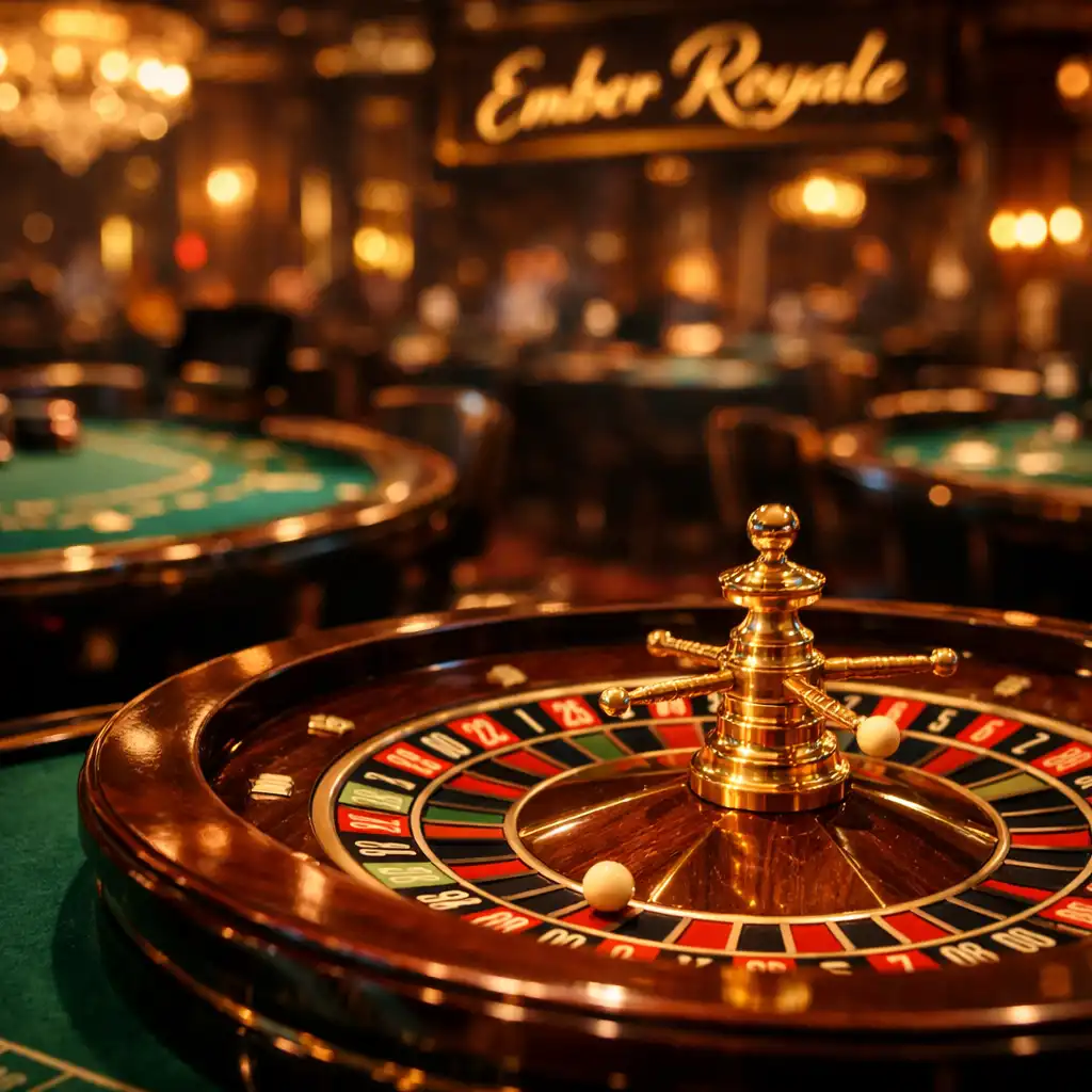 Elegant casino floor with roulette and blackjack tables under warm ambient lighting