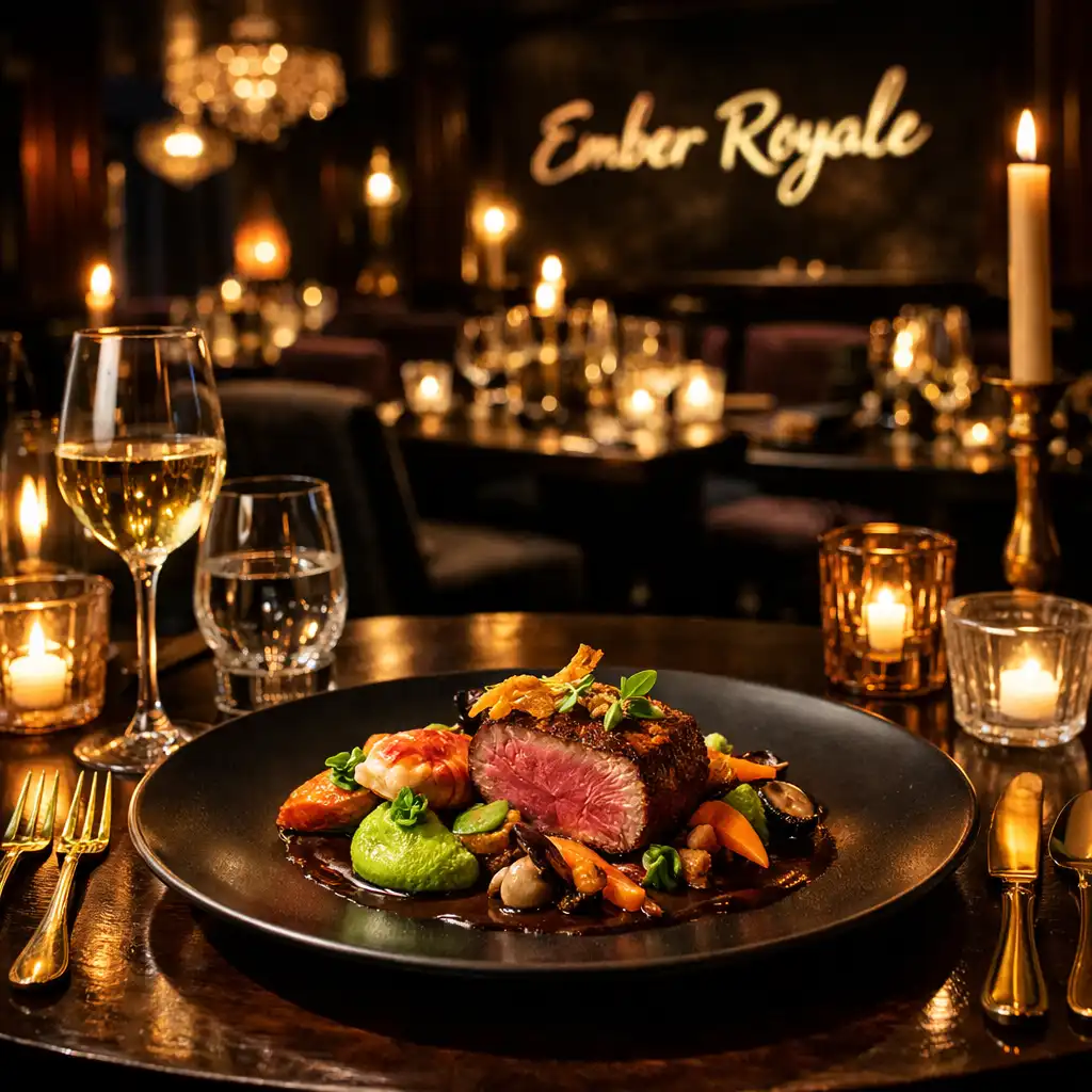 Elegant fine dining restaurant with crystal glassware, gold cutlery, and candlelight