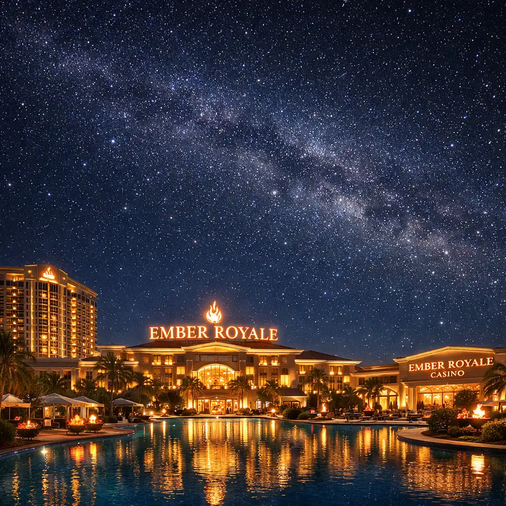 Wide night view of Ember Royale resort with illuminated buildings and reflecting pool