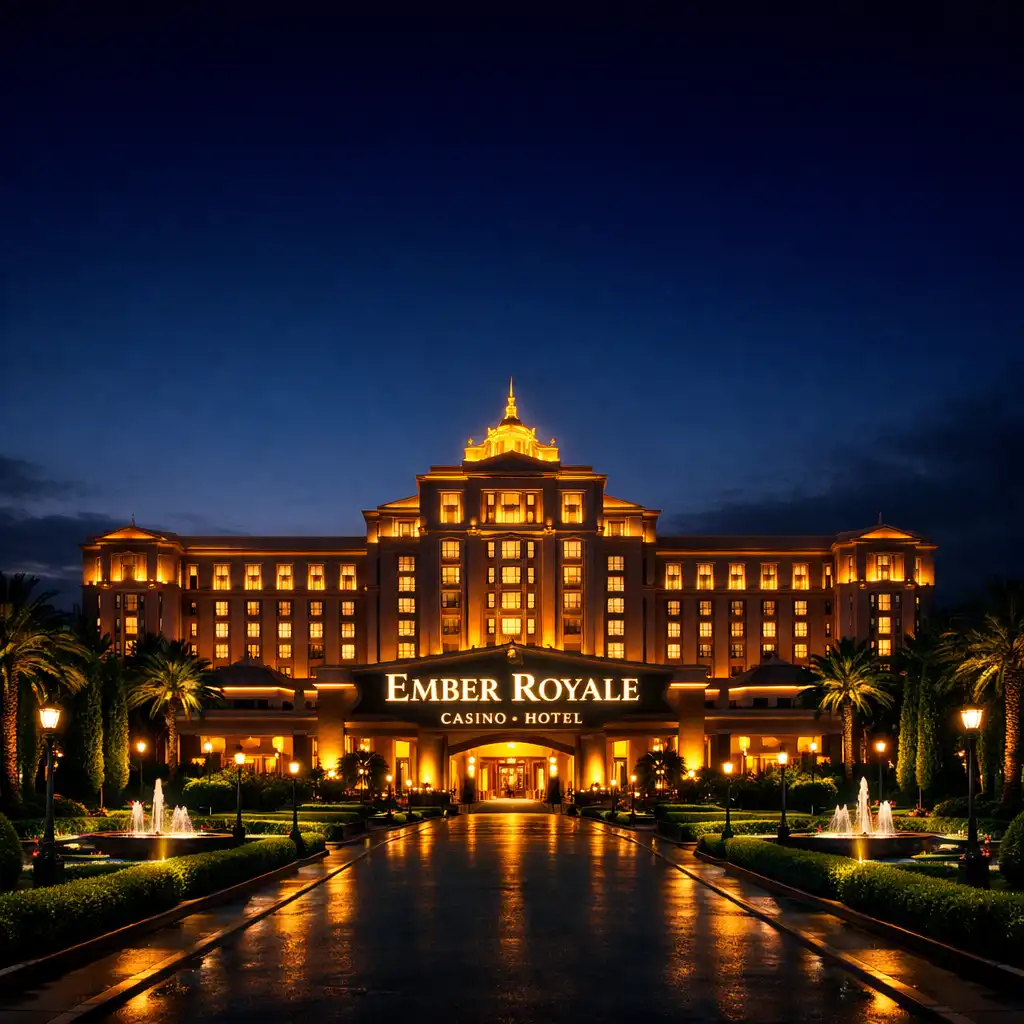 Cinematic exterior of Ember Royale Casino Hotel at dusk with warm golden lights