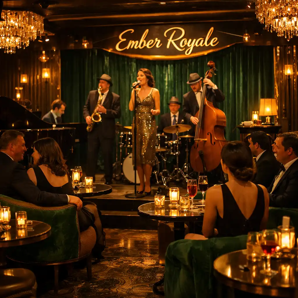 Sophisticated lounge with live jazz band, cocktail tables, and warm ambient lighting