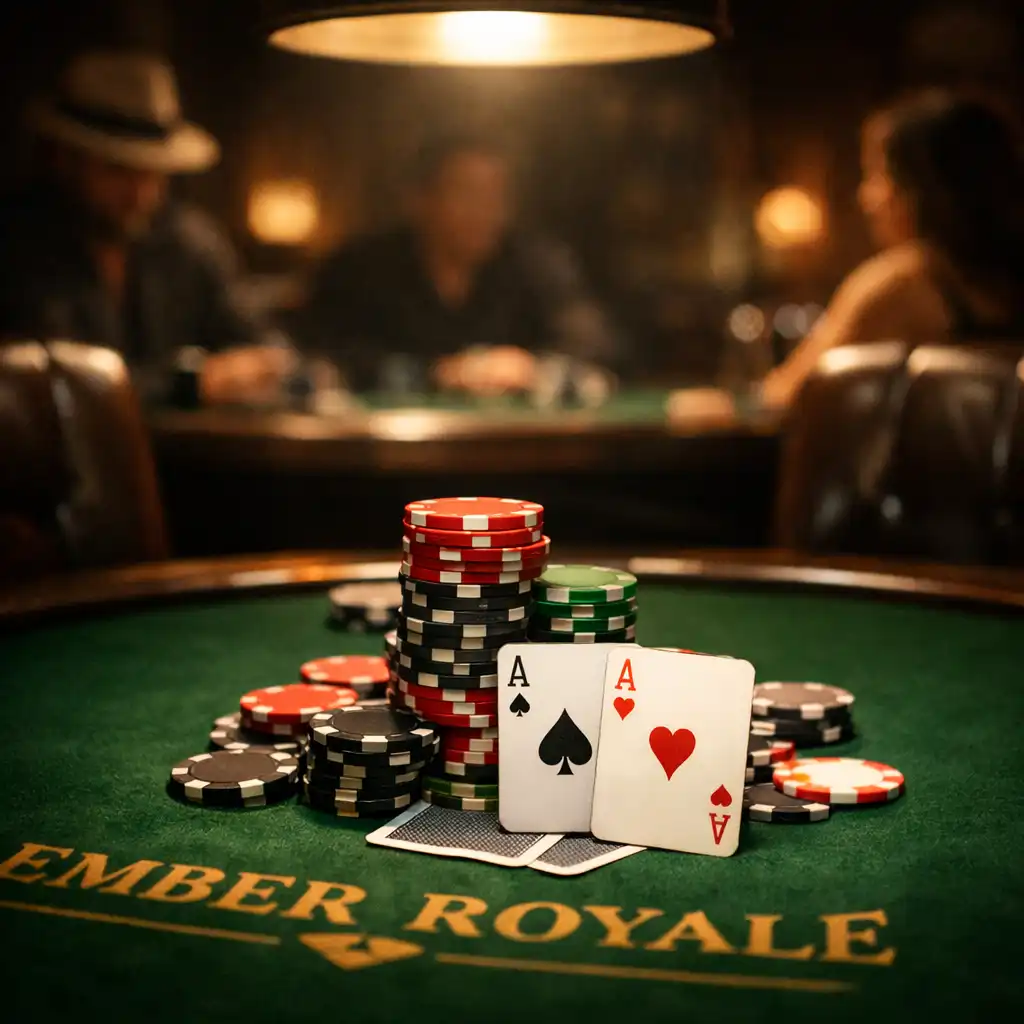 Intimate poker room with green felt table, leather chairs, and dramatic overhead lighting