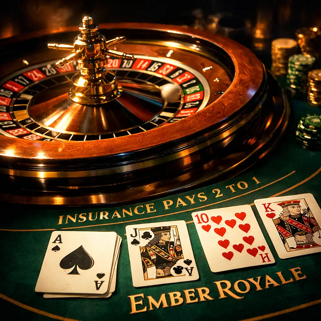 Close-up of a roulette wheel and blackjack table under dramatic spotlight