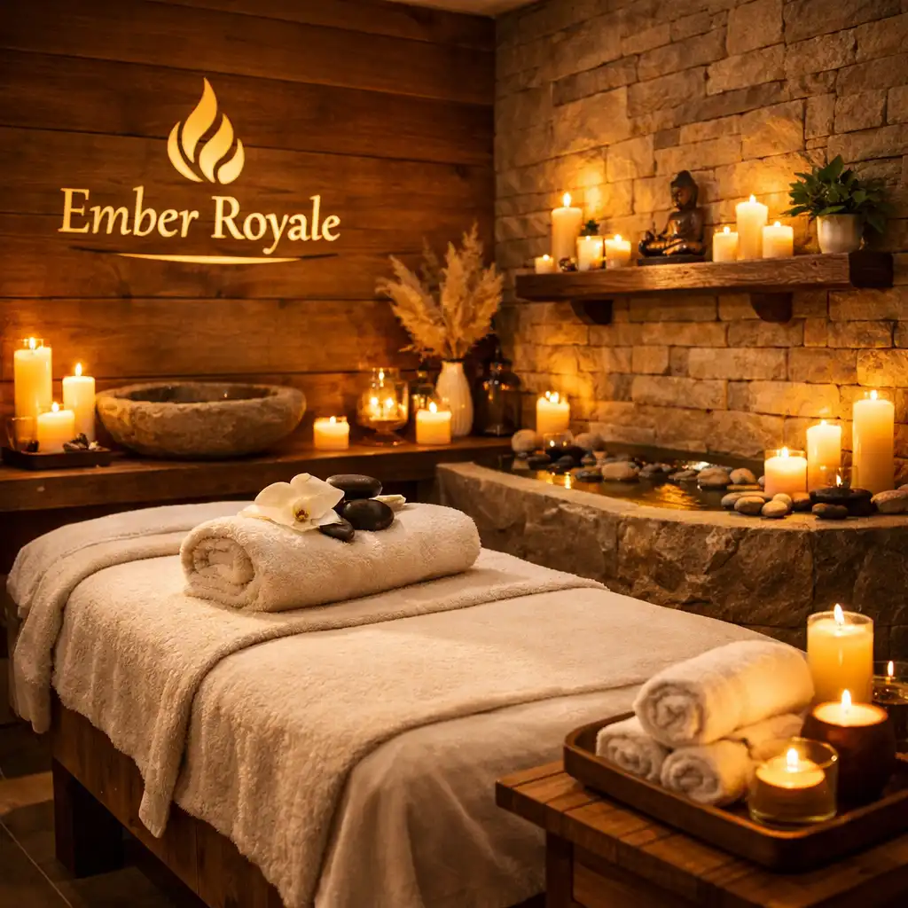 Tranquil spa treatment room with massage table, soft towels, and warm candlelight
