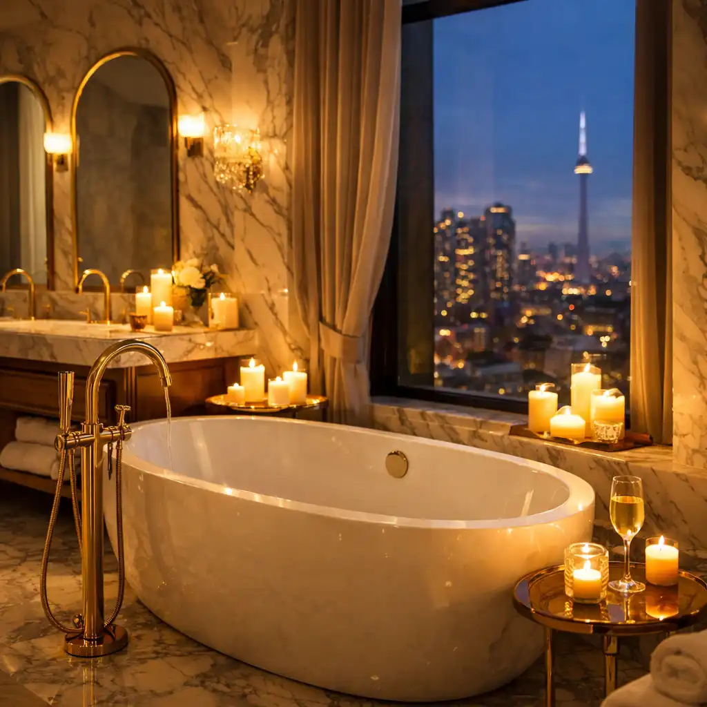 Marble bathroom with freestanding bathtub, gold fixtures, and soft candlelight