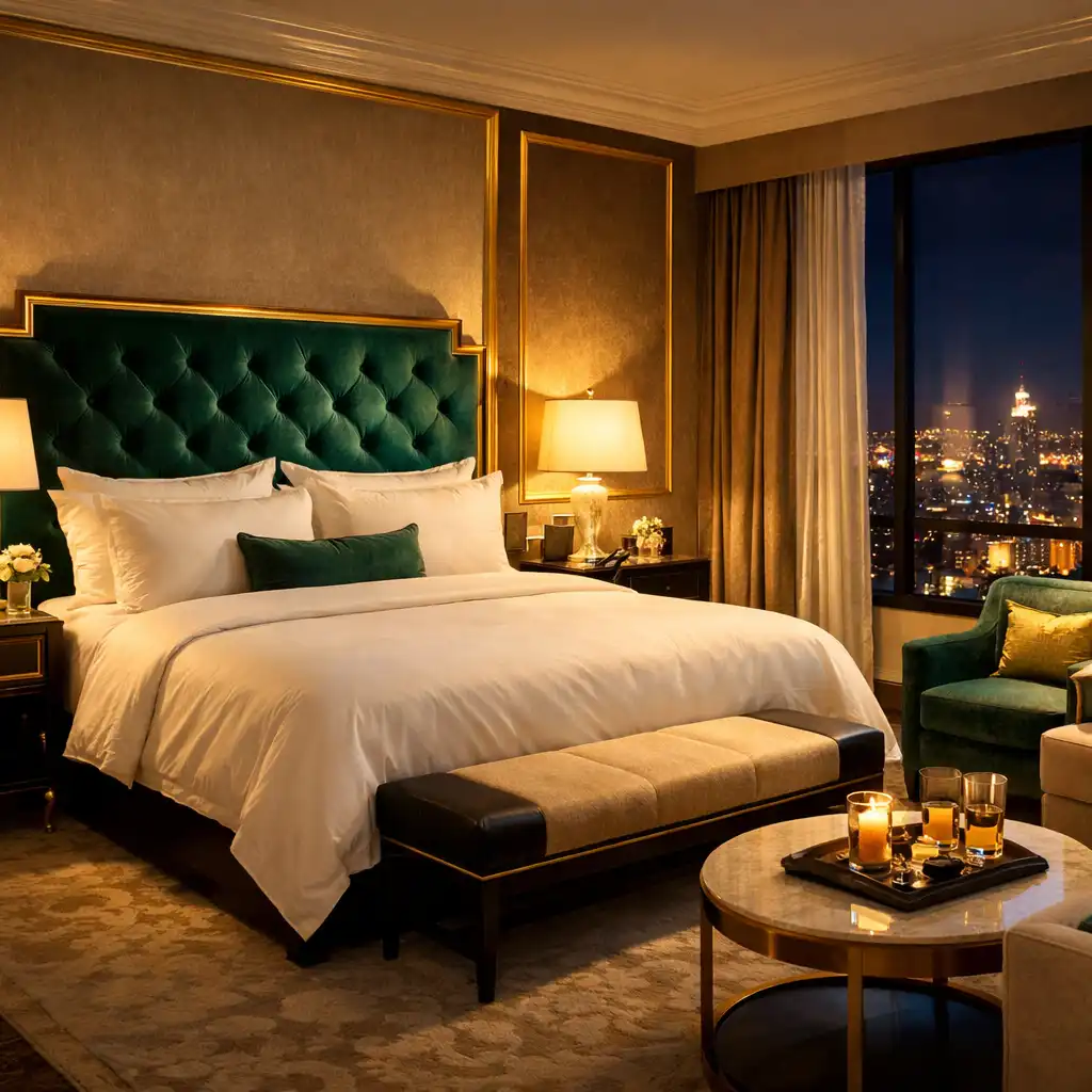 Luxurious hotel suite with king bed, emerald velvet headboard, and night city view