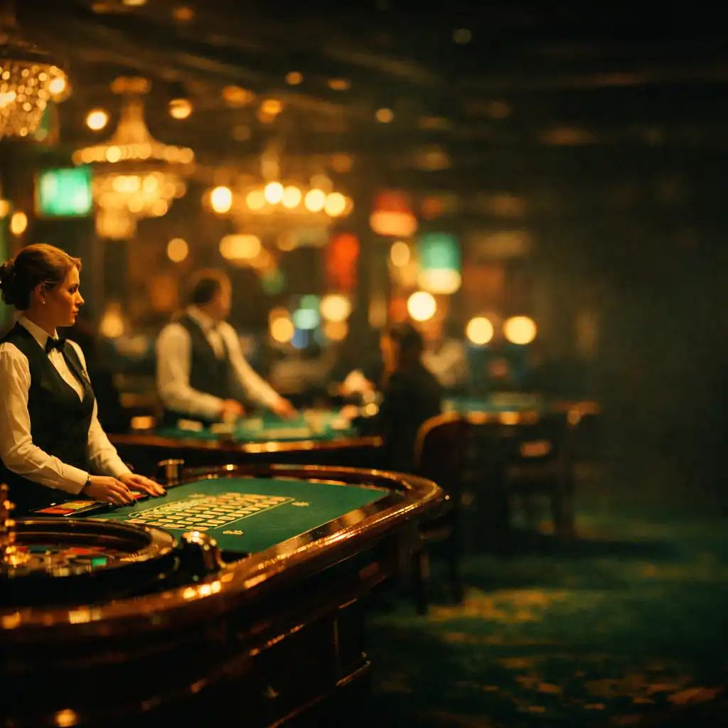Wide view of the Ember Royale gaming floor with elegant table games and soft ambient lighting