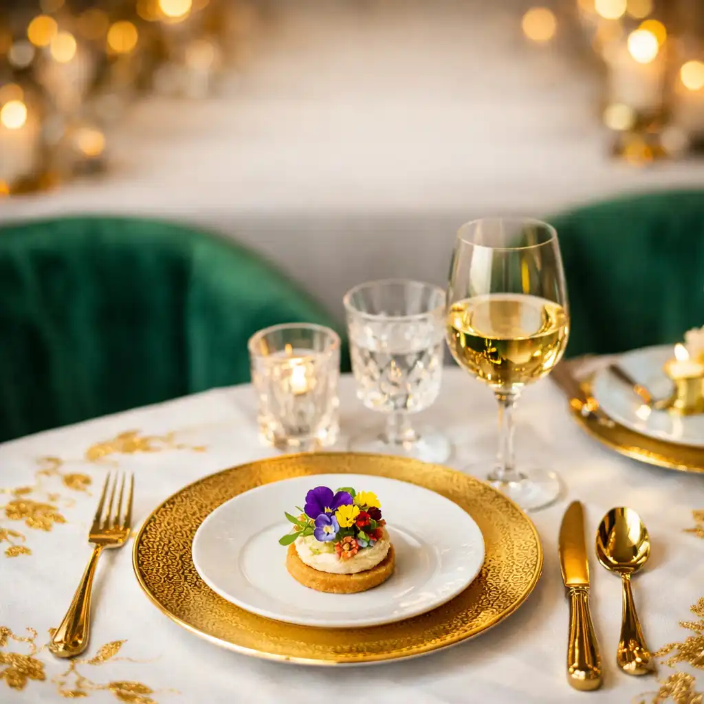 Fine dining table setting at The Gilded Peacock with gold-rimmed plates and crystal glasses