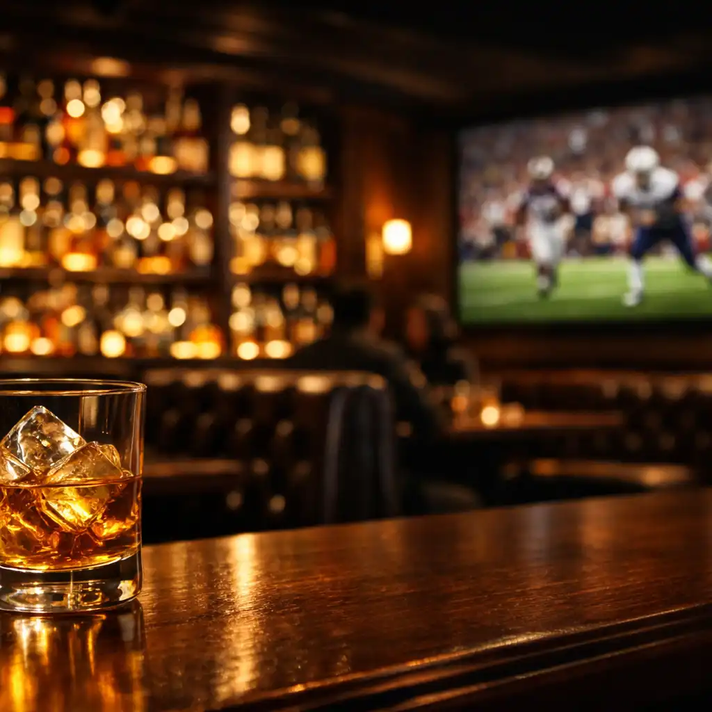 Glass of whisky on the rocks at The High Roller Bar with backlit bottles