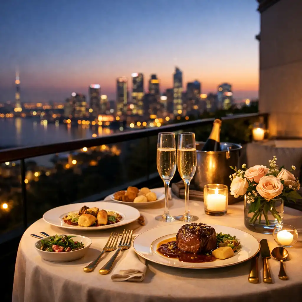 In-suite dining table set on a private terrace overlooking a city skyline at dusk