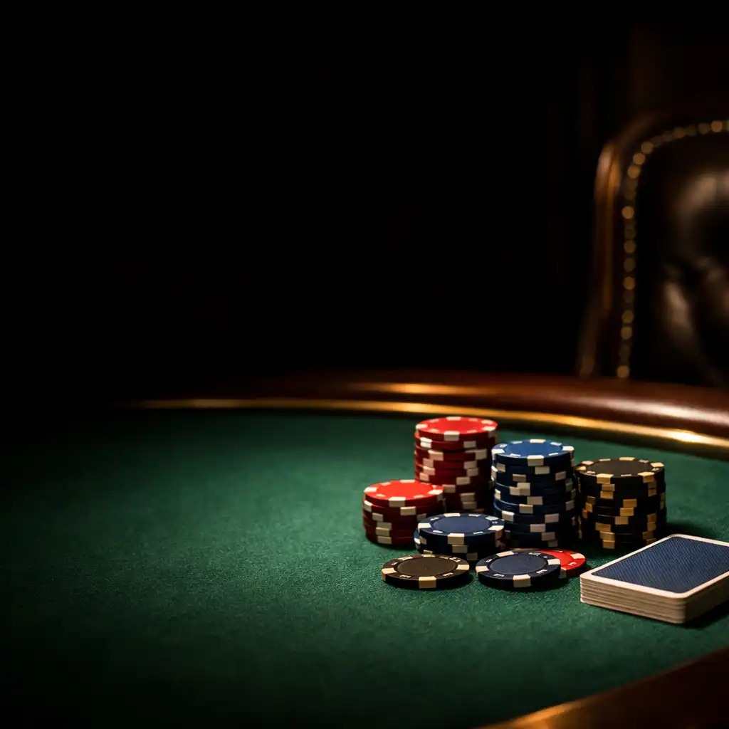 Close-up of a poker table in the private poker room with focused lighting on the felt and chips