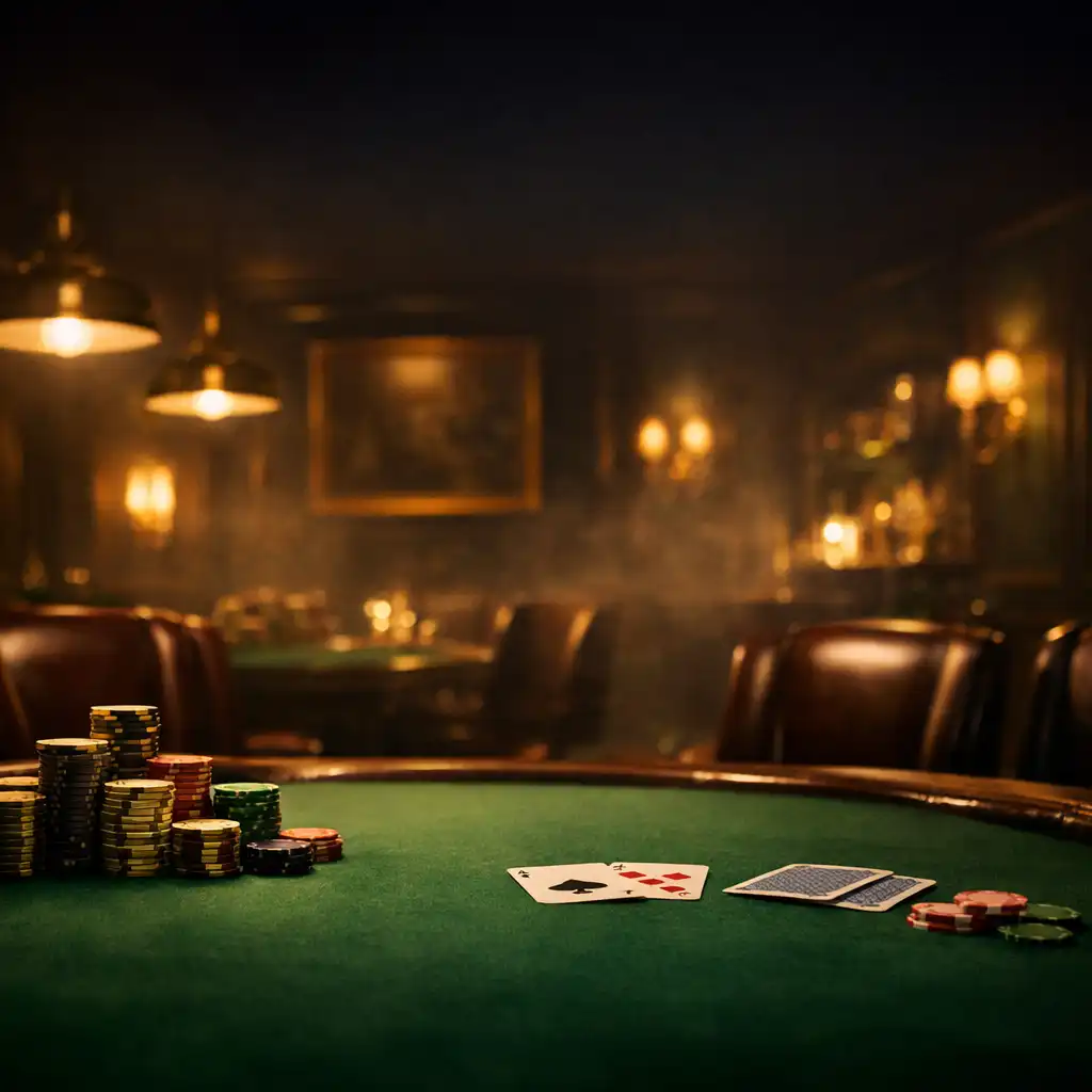 Cinematic view of the Ember Royale poker room with a green felt table, gold-rimmed chips, and warm brass lighting