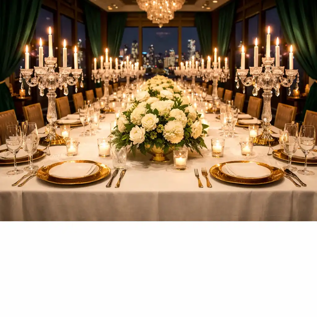 Private dining room set for a gala event with white linen, gold charger plates, and crystal candelabras