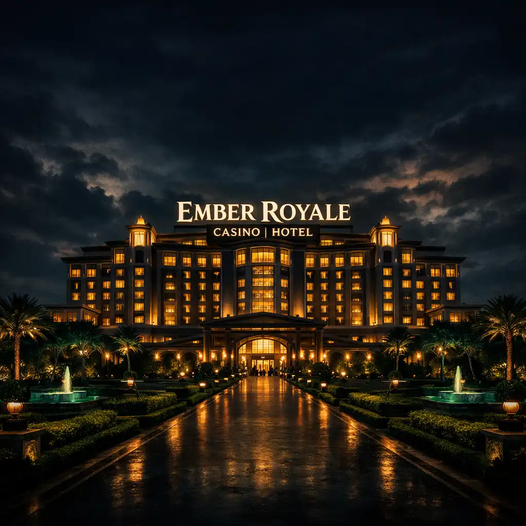 Ember Royale Casino Hotel exterior at night with warm golden lights and deep emerald landscaping