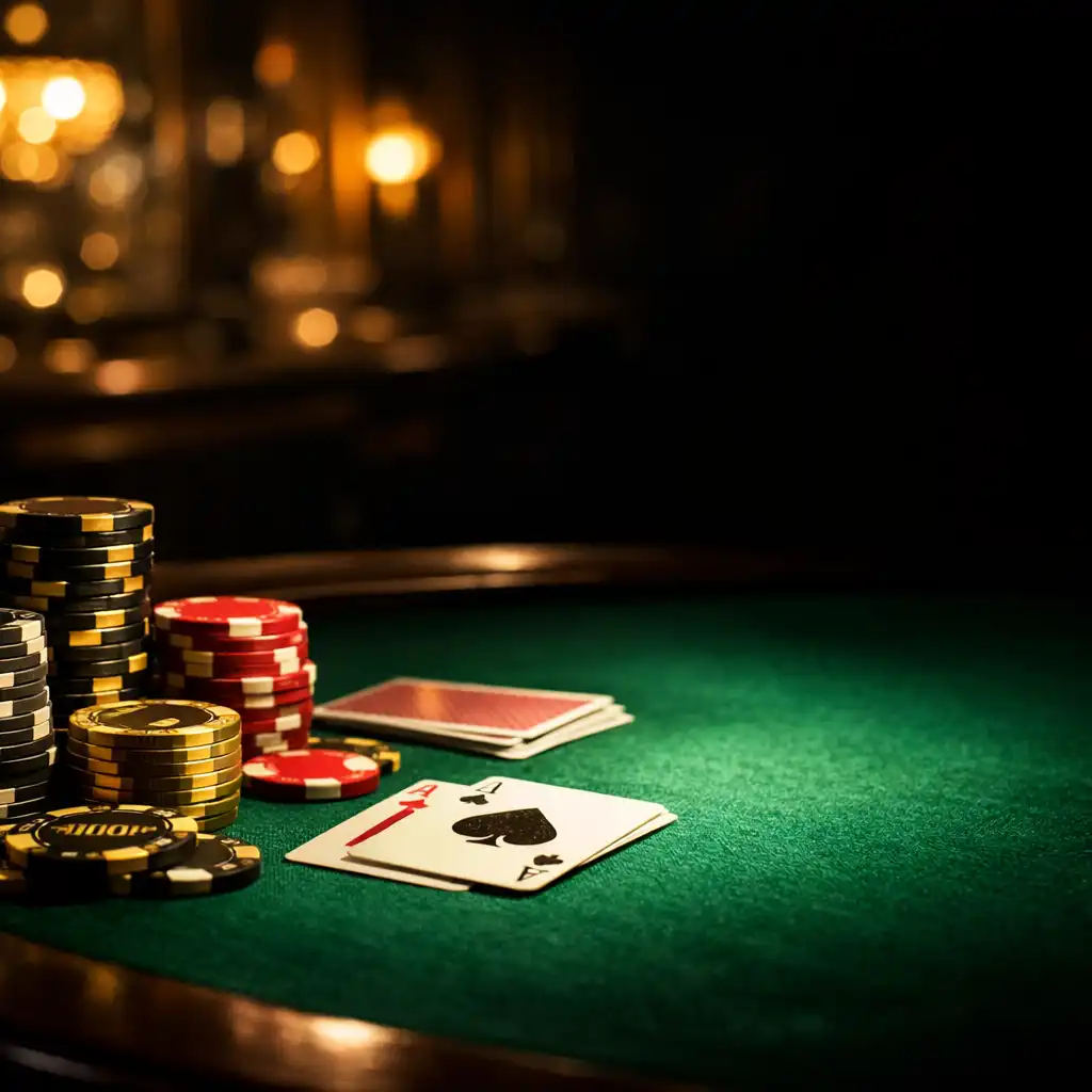 Close-up of a luxurious poker table with green felt, stacks of chips, and playing cards under dramatic golden light