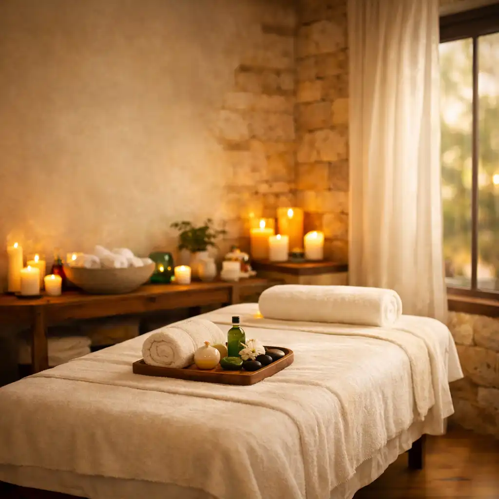 Serene spa treatment room with massage table, soft towels, candles, and natural stone walls