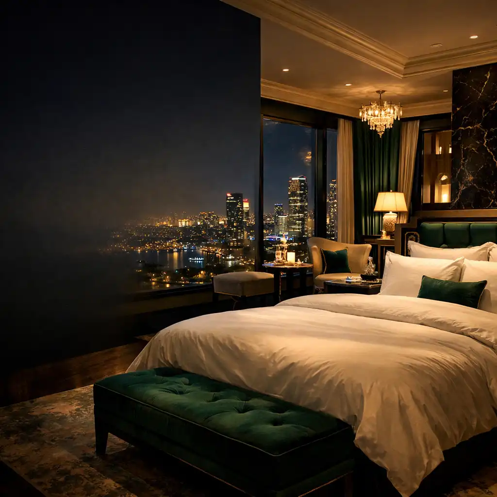 Luxurious hotel suite interior with king bed, dark wood furniture, and floor-to-ceiling city views at night