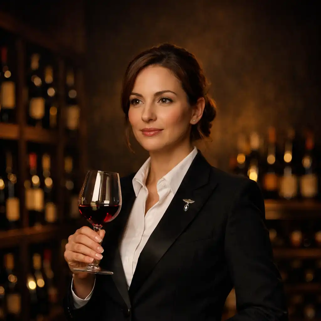 Portrait of Head Sommelier Elena Rossi holding a wine glass in a wine cellar