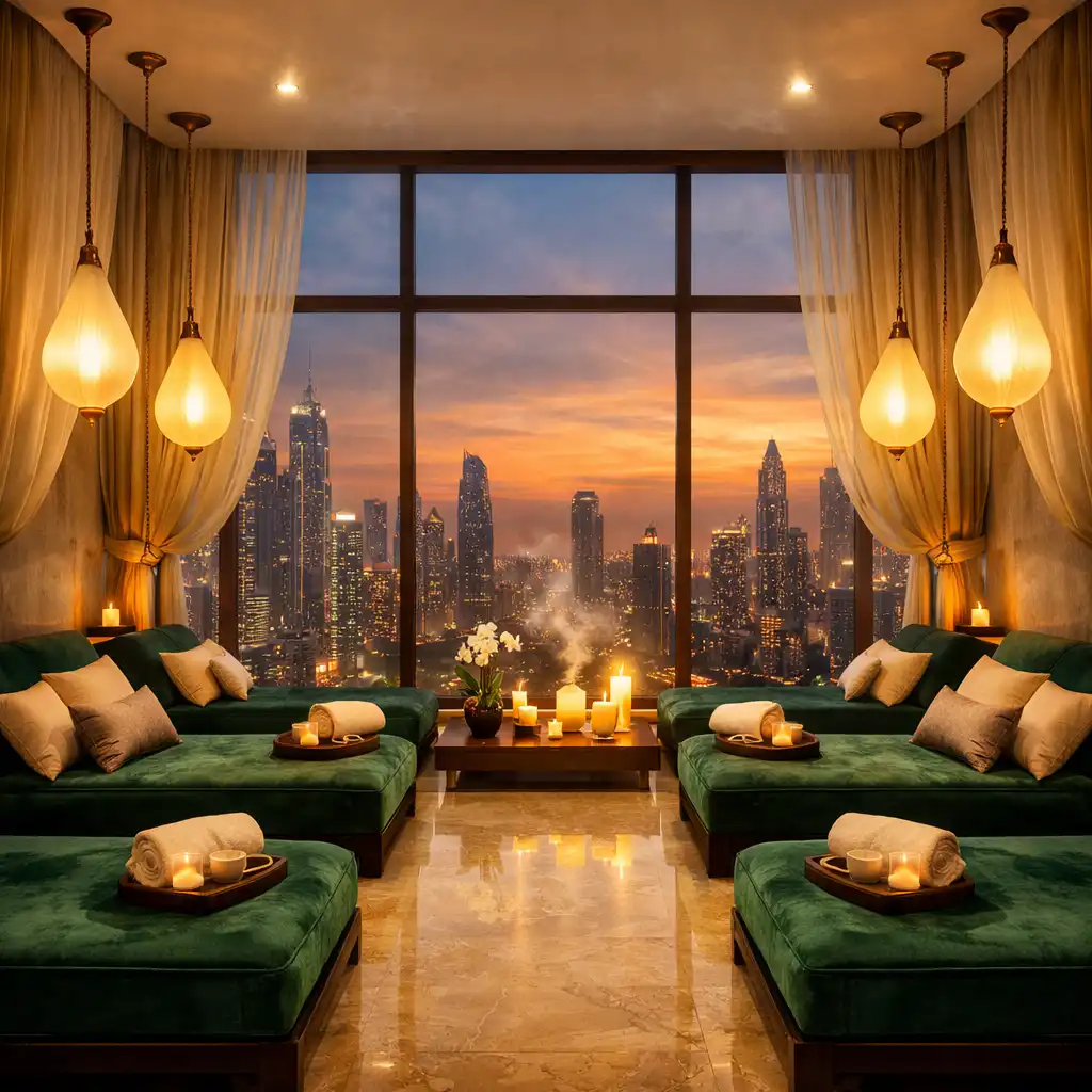 Spa relaxation lounge with warm marble floors, emerald daybeds, and panoramic city views