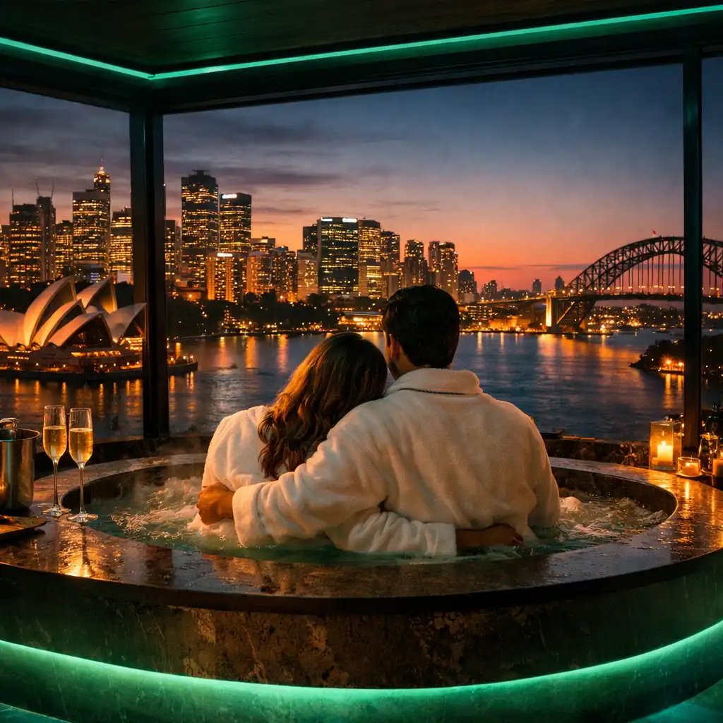 Couple relaxing in a private spa suite overlooking the Sydney skyline at dusk