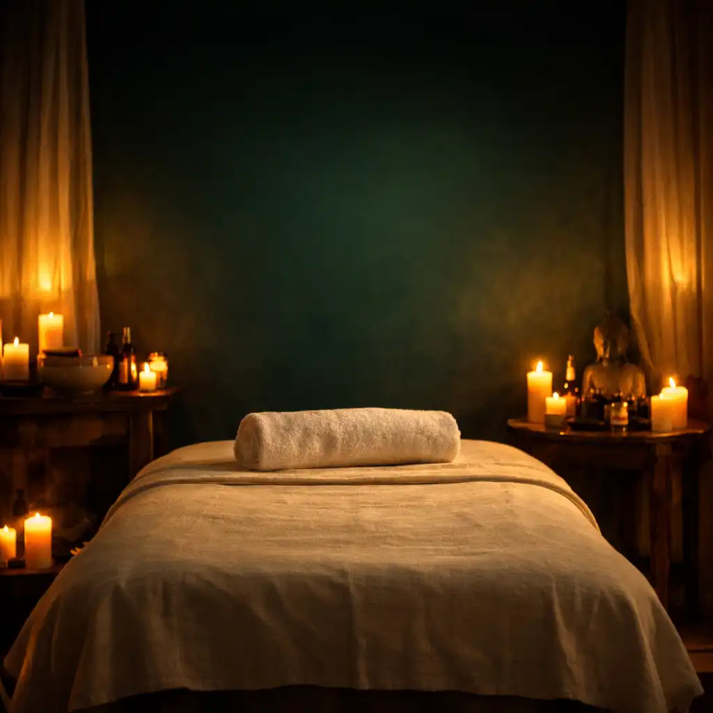 Serene spa treatment room with warm candlelight and emerald accents