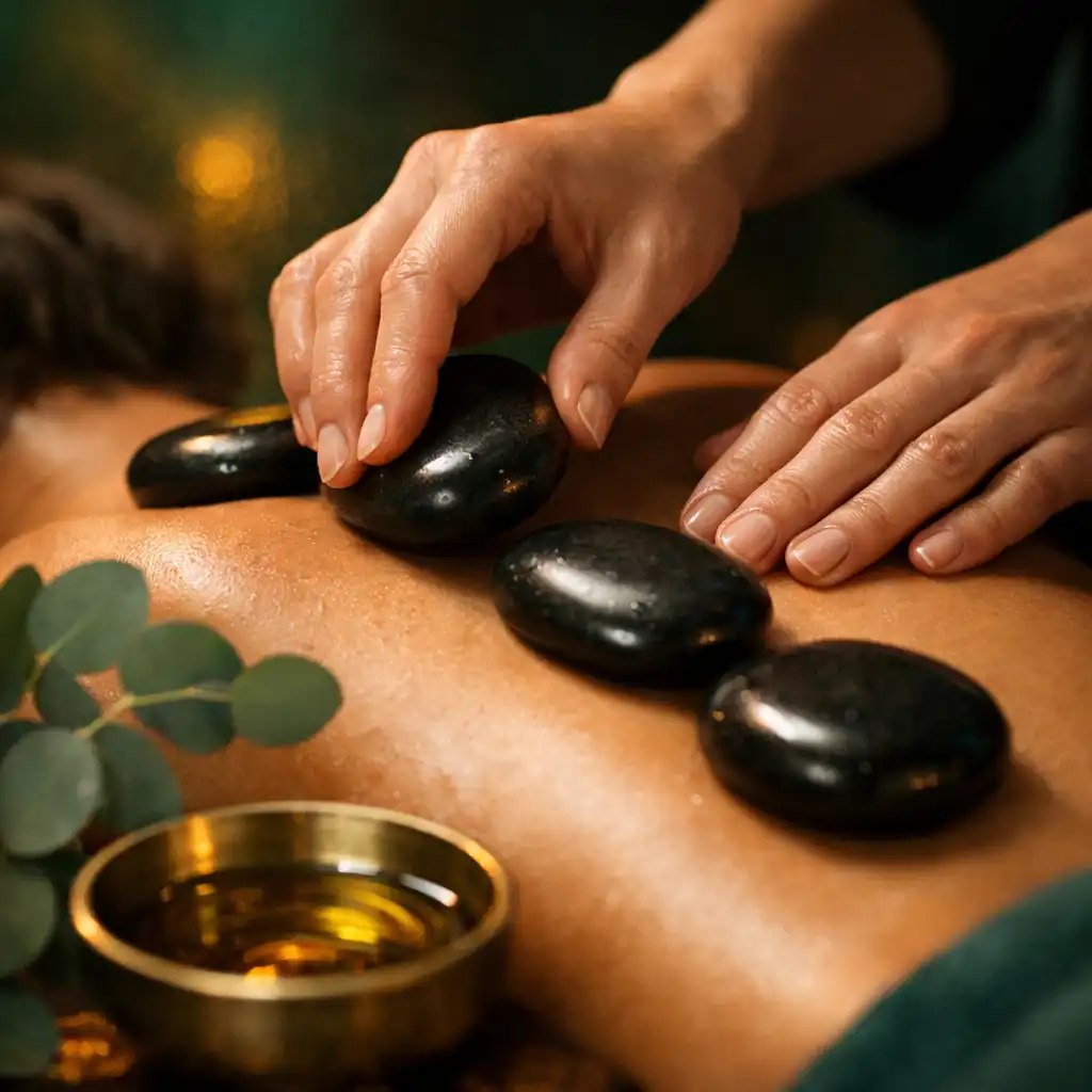 Therapist placing heated basalt stones on a guest's back