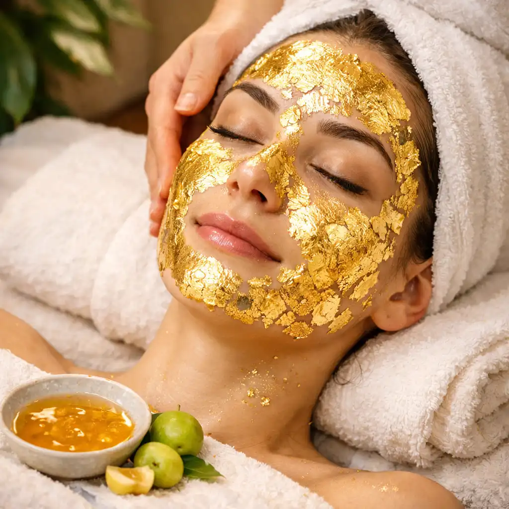 Woman receiving a golden hour facial with gold leaf mask