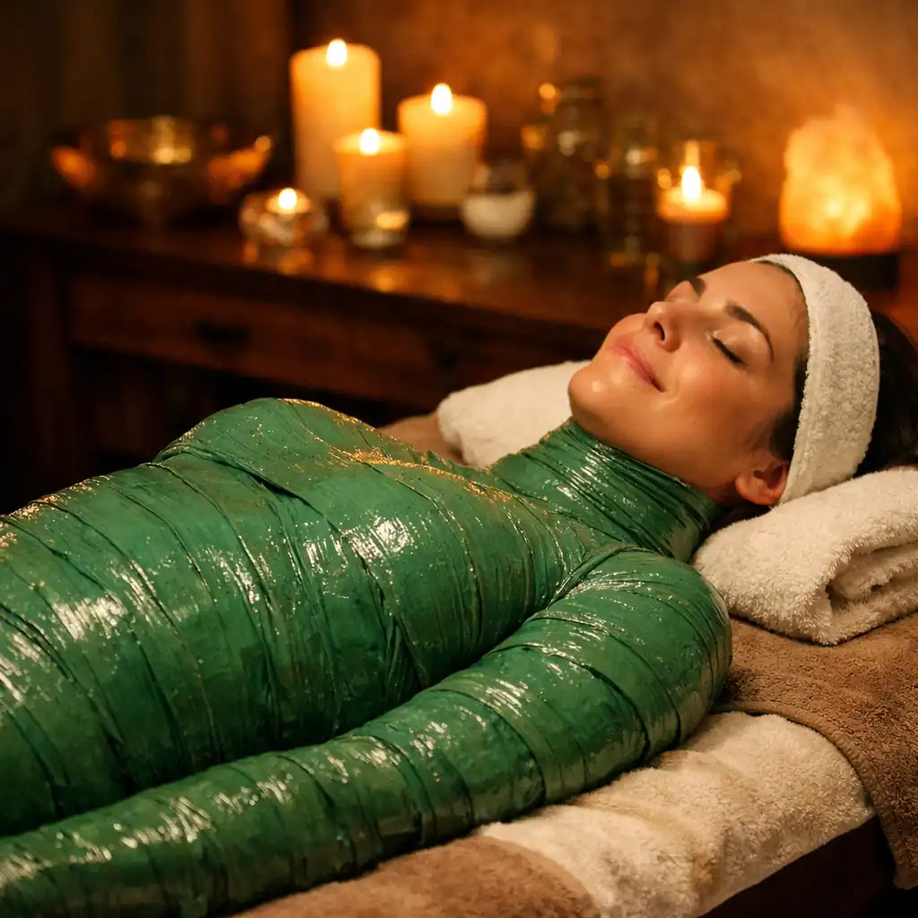 Guest wrapped in emerald clay body wrap on a heated table