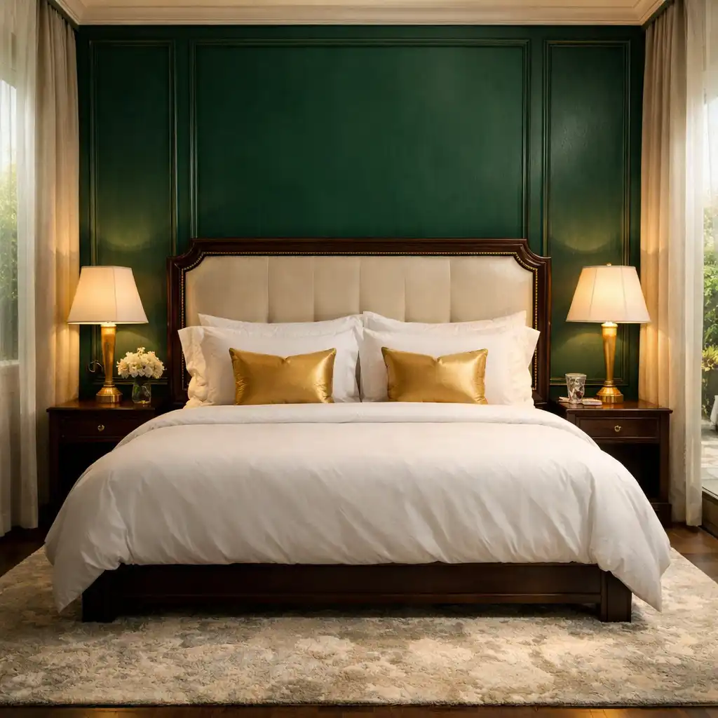 Bedroom of the Emerald Suite with deep green walls, king bed, and a view of a private garden through sheer curtains