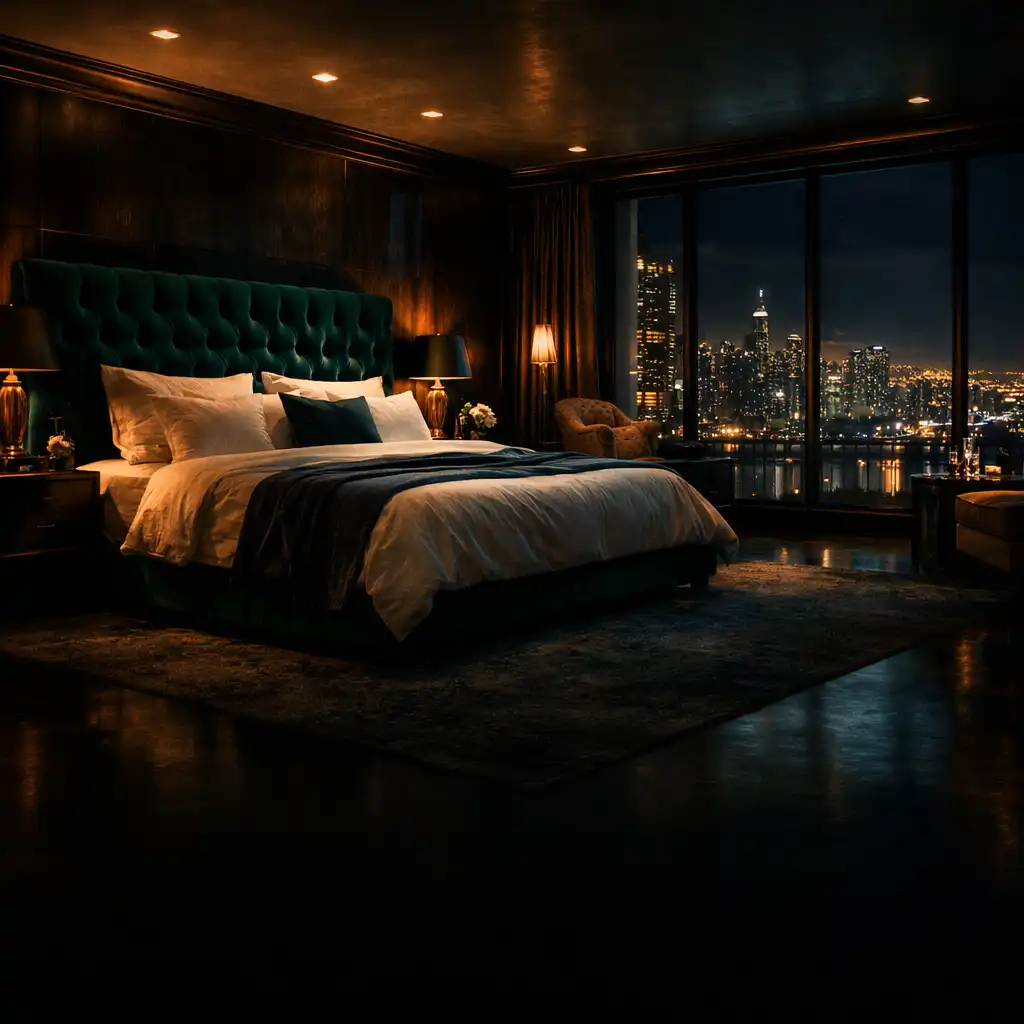 Luxurious hotel suite at night with emerald velvet headboard and glittering city skyline through floor-to-ceiling windows