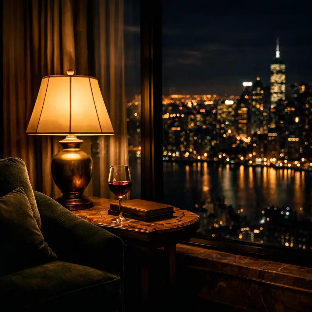Atmospheric night view of a luxury suite with a warm lamp glow over a reading chair and a glass of wine