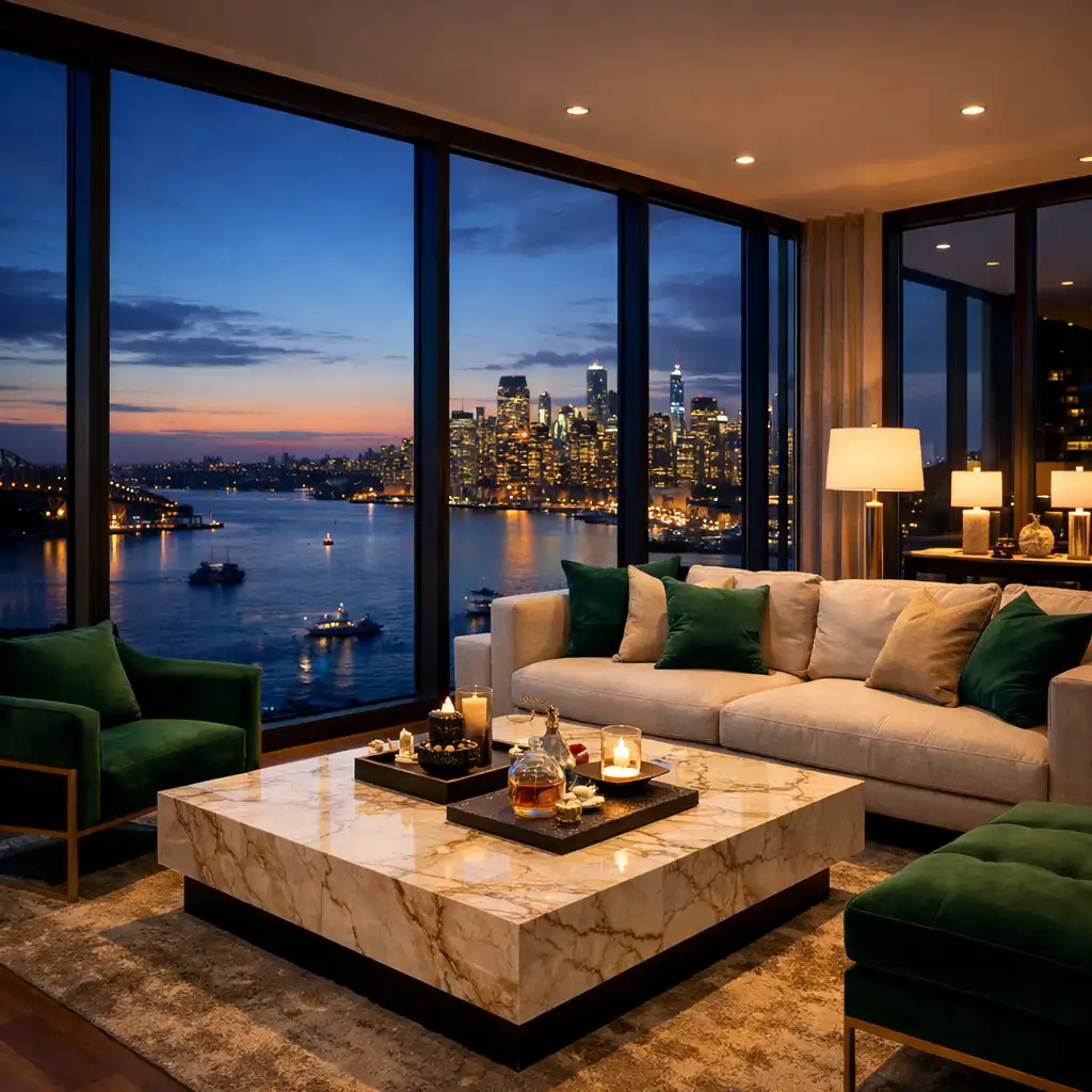 Penthouse living area at dusk with floor-to-ceiling windows overlooking a harbour and city skyline