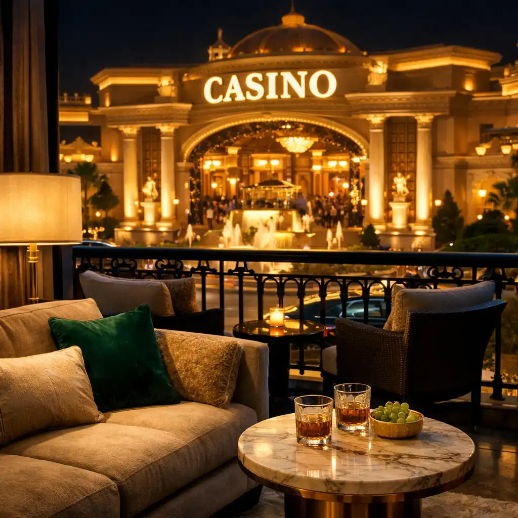 Lounge area of the Royale Suite with a private balcony overlooking a grand casino entrance
