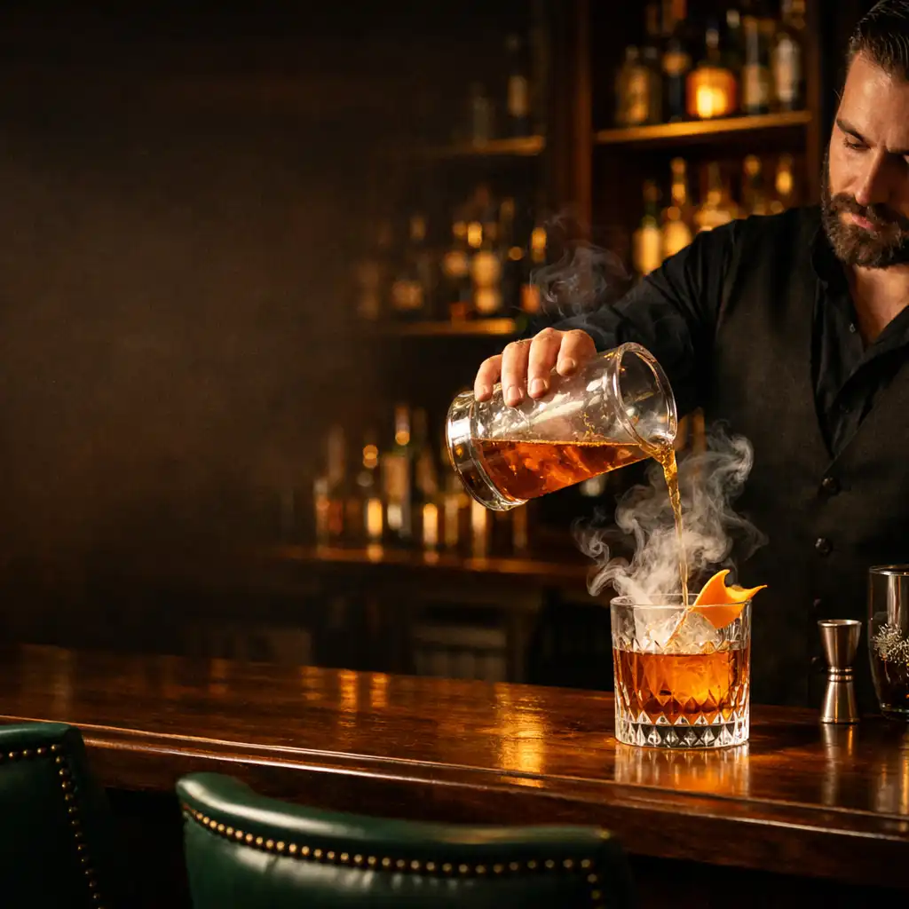 Bartender pouring a smoked old fashioned at The Velvet Lounge